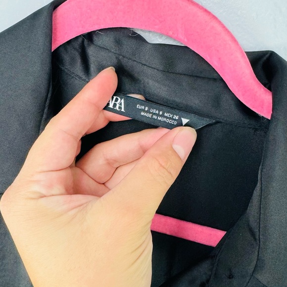 Zara Black Satin Ruched Button Down Shirt Long Sleeve Dress - Picture 4 of 11